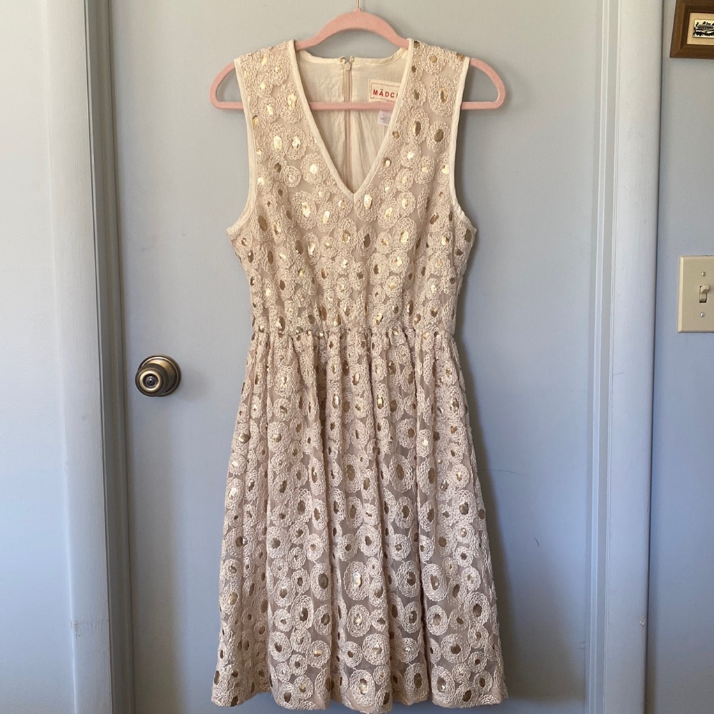 Anthropologie Cream Embroidered Dress With Gold Sequin Detail Sz 12